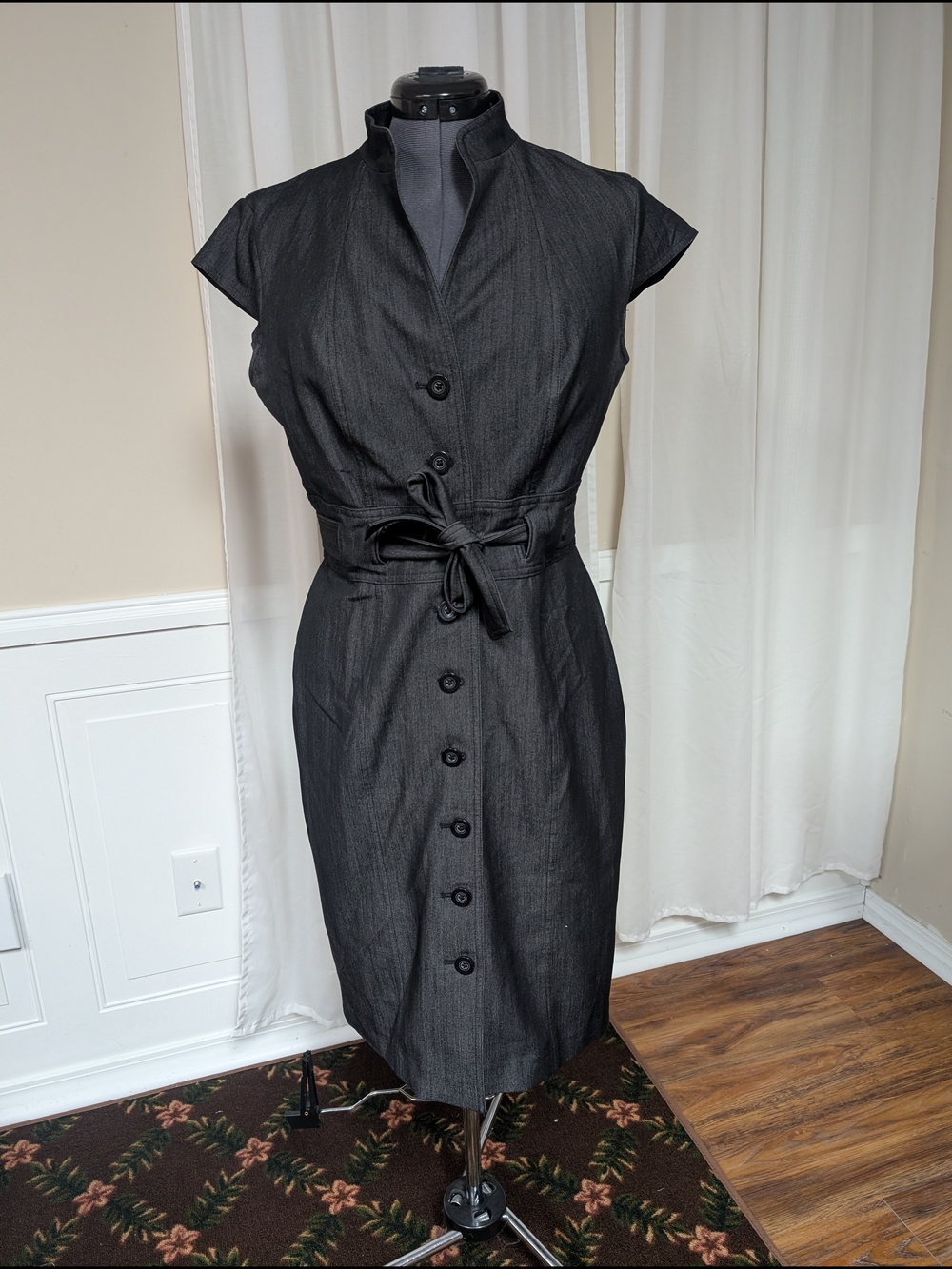 Calvin Klein Black Midi Shirt Dress with Waist Tie